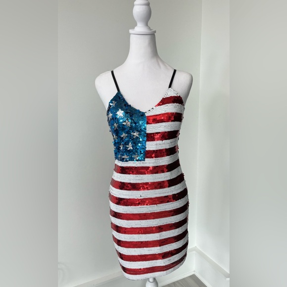 USA American Flag Patriotic Sequin Dress- Spaghetti Strap Sleeveless- XS - NWT - Picture 5 of 8